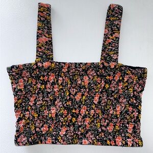 American Eagle Outfitters Black Floral Smocked Crop Tank
